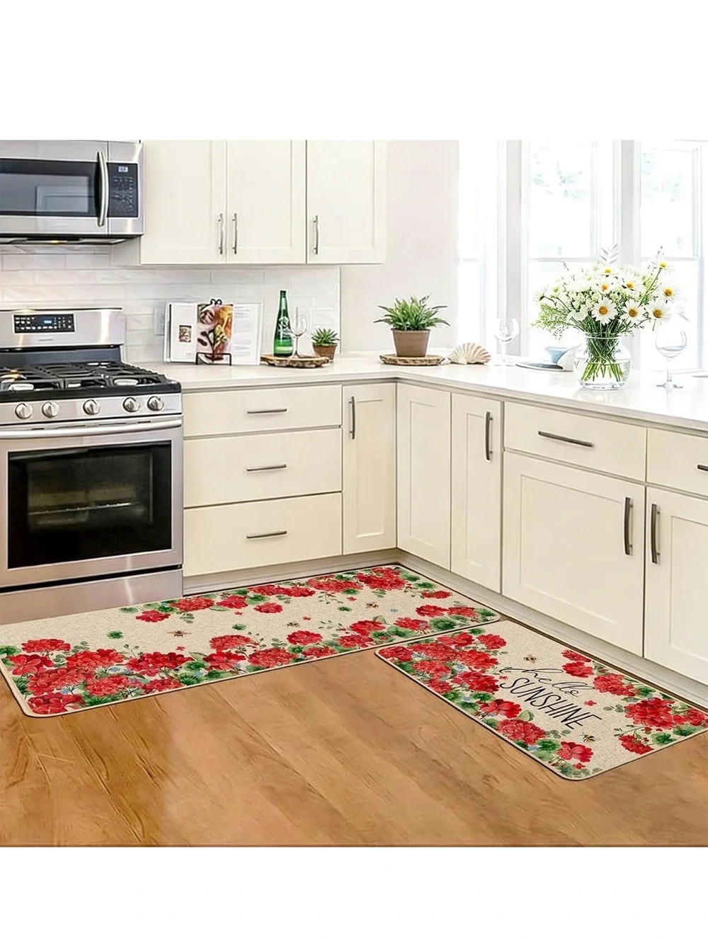 New Baccessor Summer Kitchen Mats Set of 2, Geranium Floral Bee Kitchen Rugs